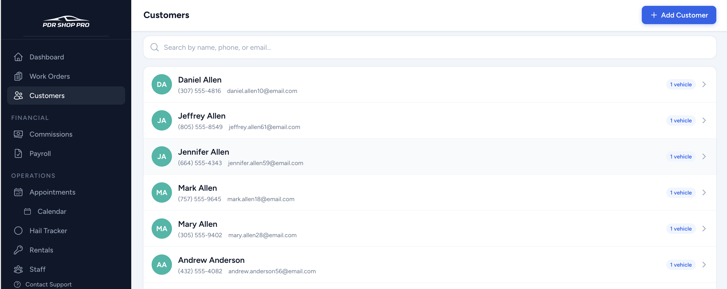PDR Shop Pro customer list with avatars, contact info, and vehicle count