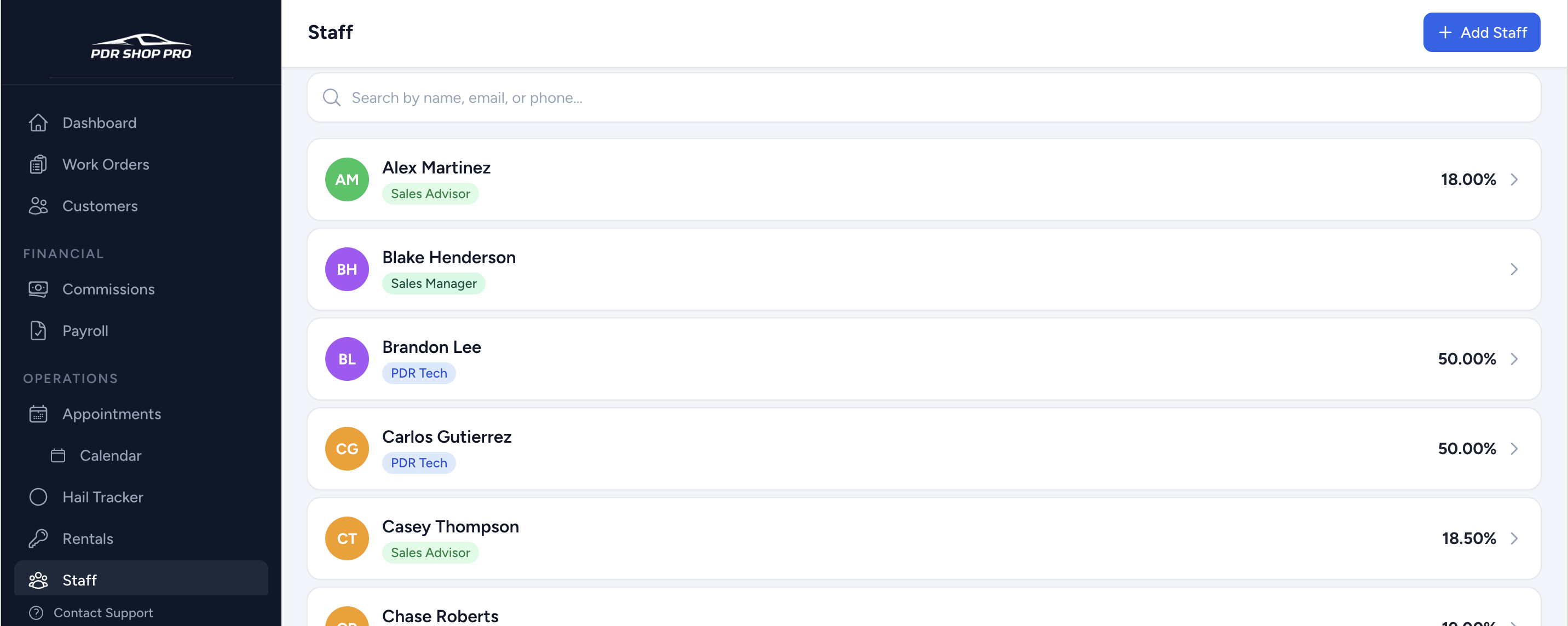PDR Shop Pro staff list showing advisors and techs with commission rates